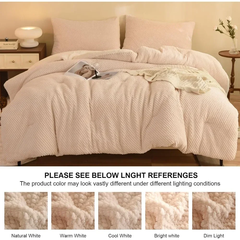 3D Jacquard Design Set,Ultra-Soft Warm Queen Sherpa Fur Plush 3-Pieces Sets Luxury Bedding with 2 Pillowcases 90"x90"Cream White