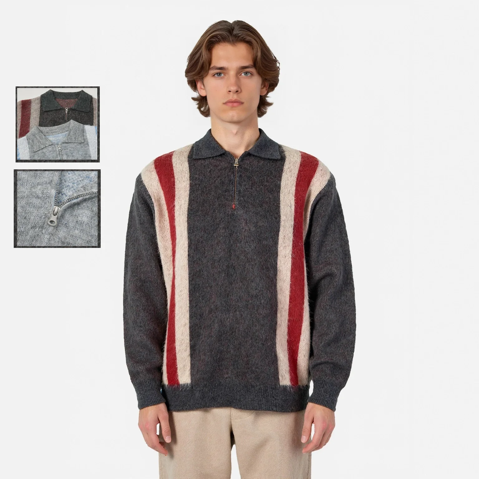 

​​Men's Contrast Collar Brushed Knit Sweater - Semi-Zip Polo Collar Design | Autumn Winter Casual​​ 20% Mohair 10% Wool