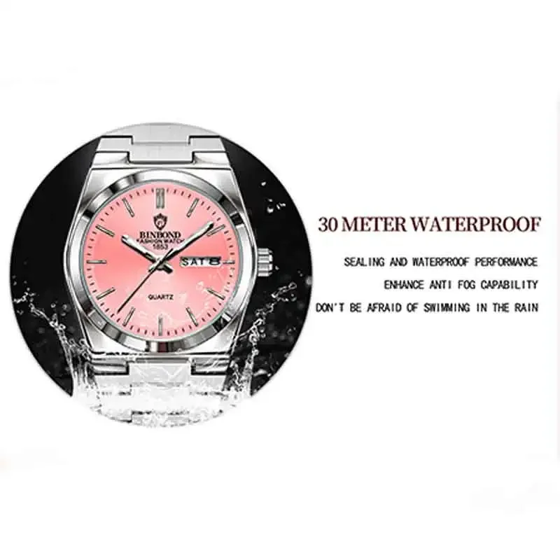 BINBOND العلامة التجارية الفاخرة أزياء المرأة كوارتز ساعة جديدة الفولاذ المقاوم للصدأ الرياضة الأصلية للماء ليلة ضوء التاريخ السيدات ووتش