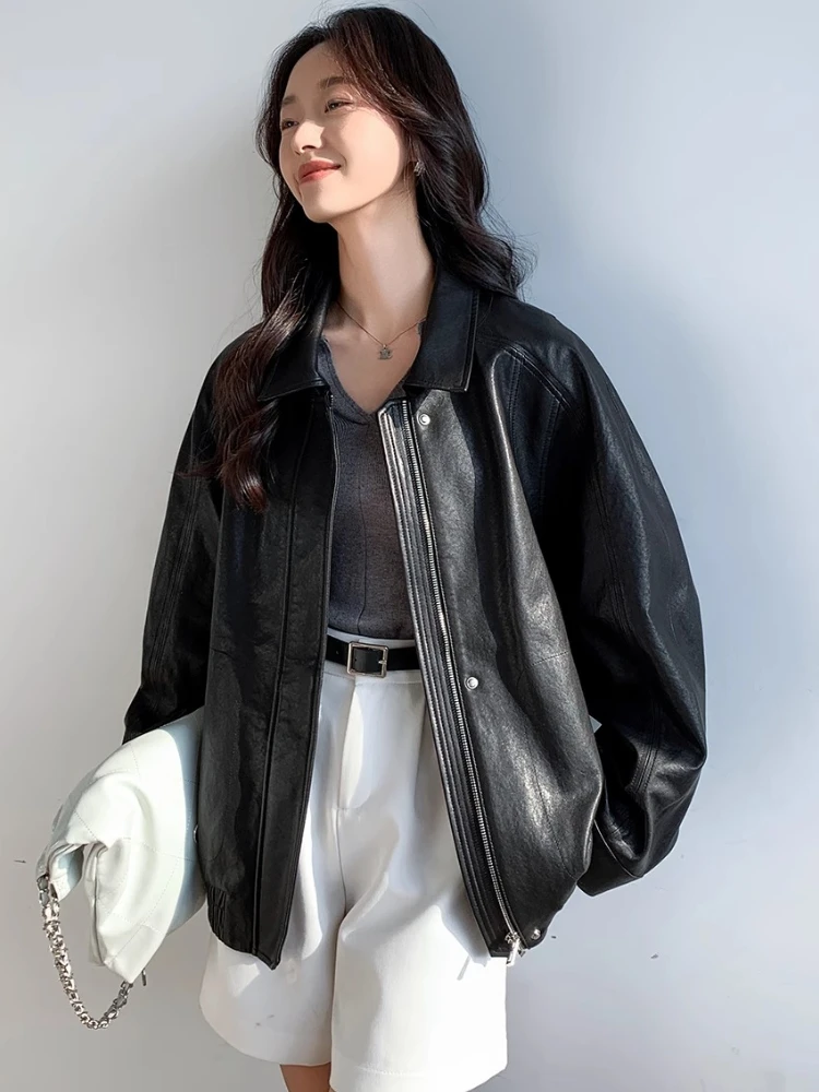 Vintage Genuine Leather Motorcycle Jacket for Women Spring Autumn 2025 New High-end Casual Simple Soft Black Real Sheepskin Coat