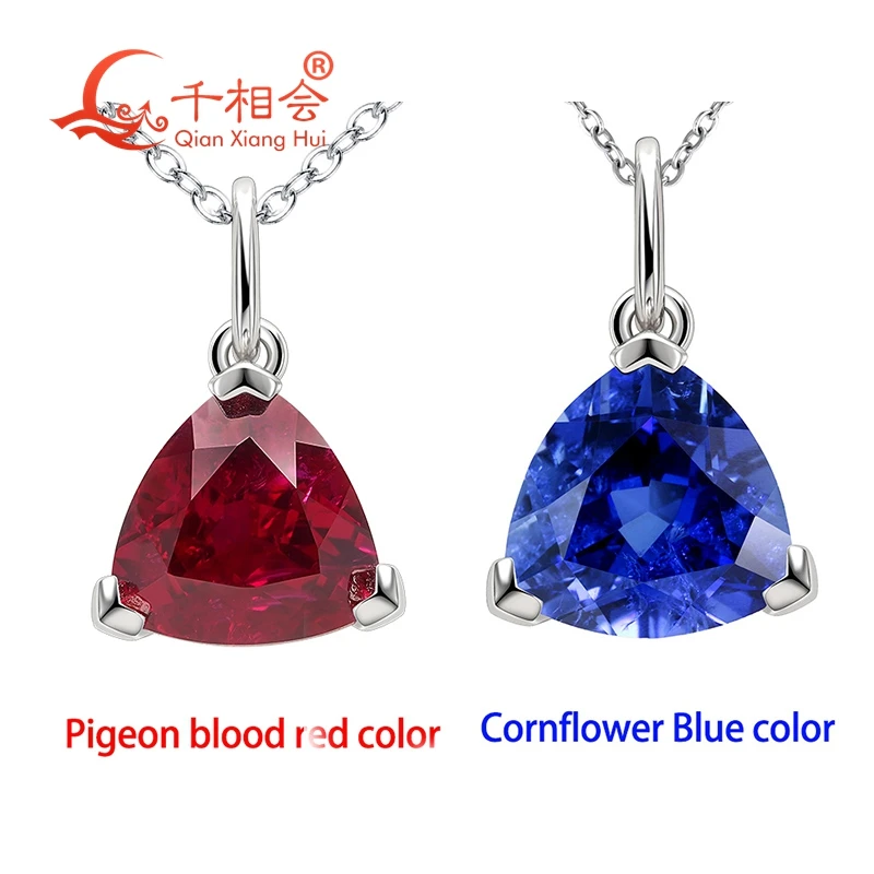 

Серебро 925 пробы, рубин 3.5 карата 9*9 мм огранки «трианьян» цвета «голубиная кровь», синий/сине-фиолетовый лабораторно выращенный сапфир с включениями для кулона-подвески.