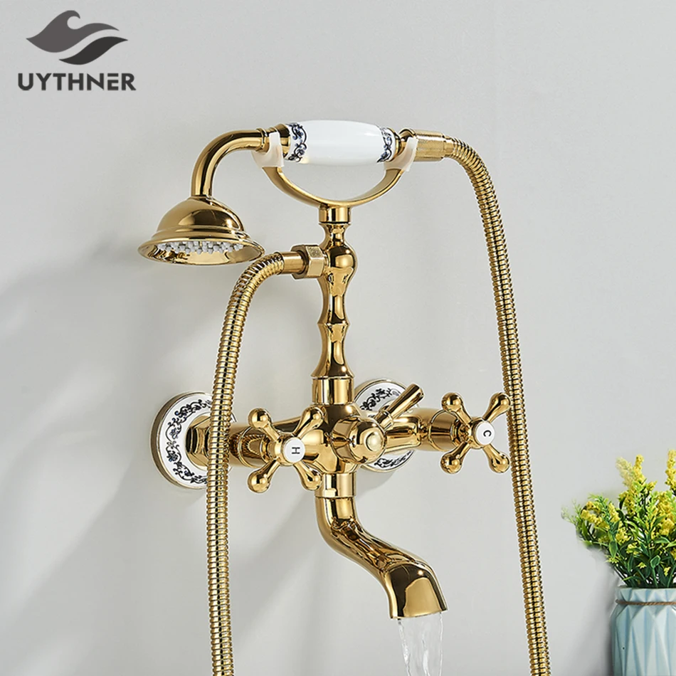 

Luxury Golden Black Bathtub Faucet Mixer Tap Telephone Style With Sprayer Hand Shower Rotate Spout Tub Hot Cold Water Mixer Sets
