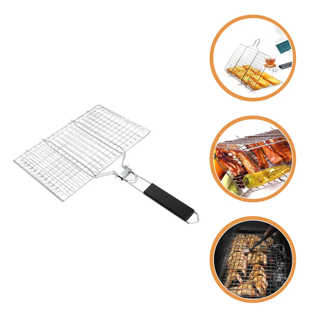 

Stainless Steel Bbq Rack Wood Handle Fish Grilling Basket For Camping Picnic Outdoor Barbecue Vegetable Grill Rack