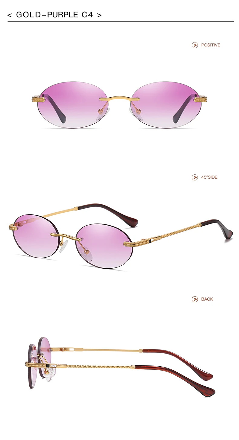 Retro Ovale Sonnenbrille Randlos Herren Blau Verspiegelt Gold Metall Herrenbrille Rund Rahmenlos Damen UV400 – Detail 15