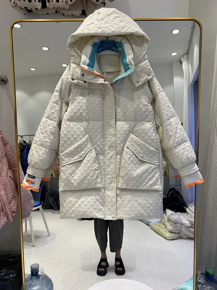 Winter Women 90% White Duck Down Coat Casual Hooded Zipper Long Jacket Female Loose Thick Warm Snow Outwear