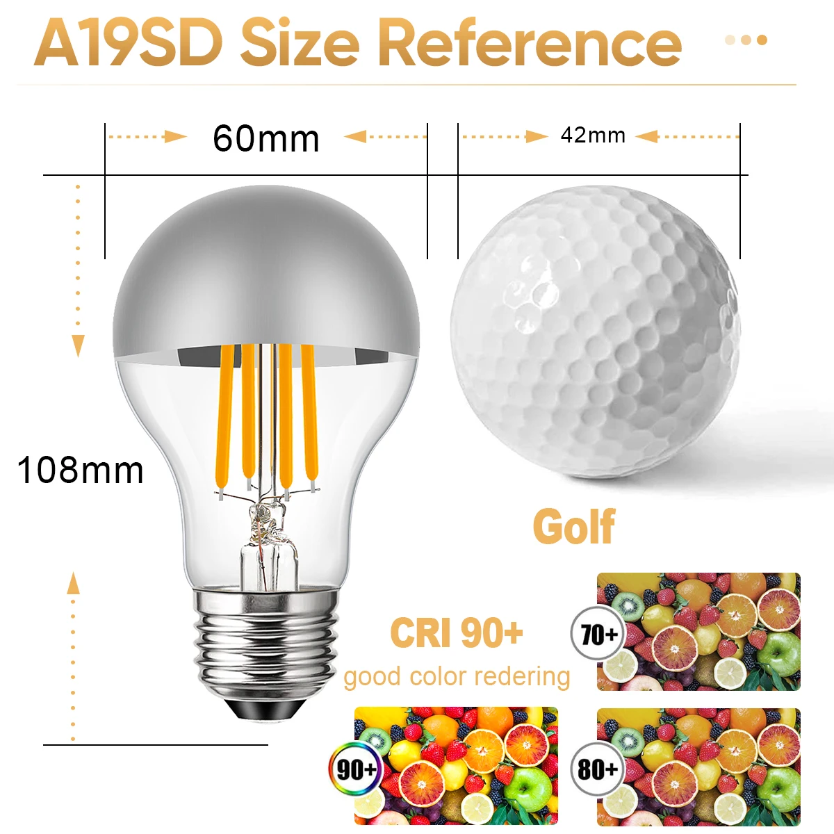 A19 Half Silver Mirror Top LED Filament Bulbs E27 Dimmable