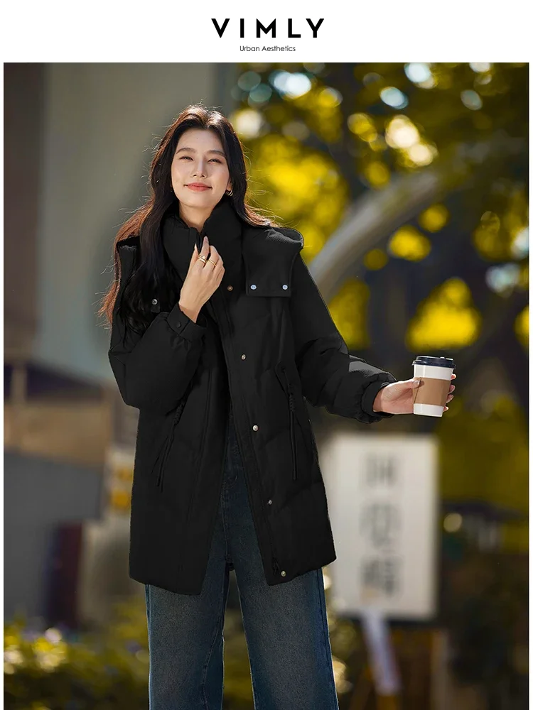 

VIMLY Office Lady Down Jacket For Women Long Warm Winter New Loose Thicken Warm Simple Casual Hooded Padded Parka Coat Overcoat