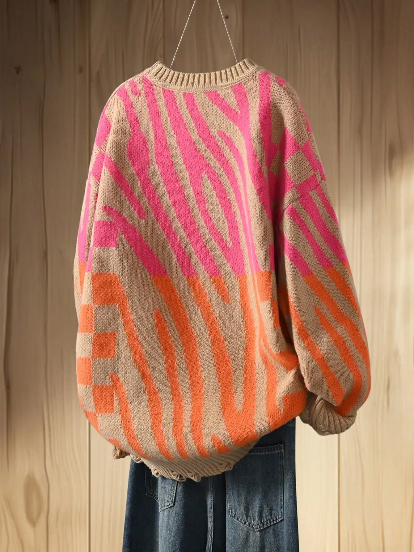 Plus Size Women Geometric Line Crew Neck Knit Sweater, Warm Pullover Knit Top for Autumn Winter view 2