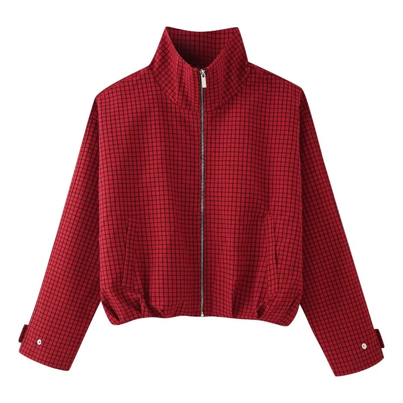 Women Red Plaid Stand Collar Cropped Jacket Spring Autumn Zip‑Up Loose Drop‑Shoulder Ruched Hem Casual Checkered Outerwear Top
