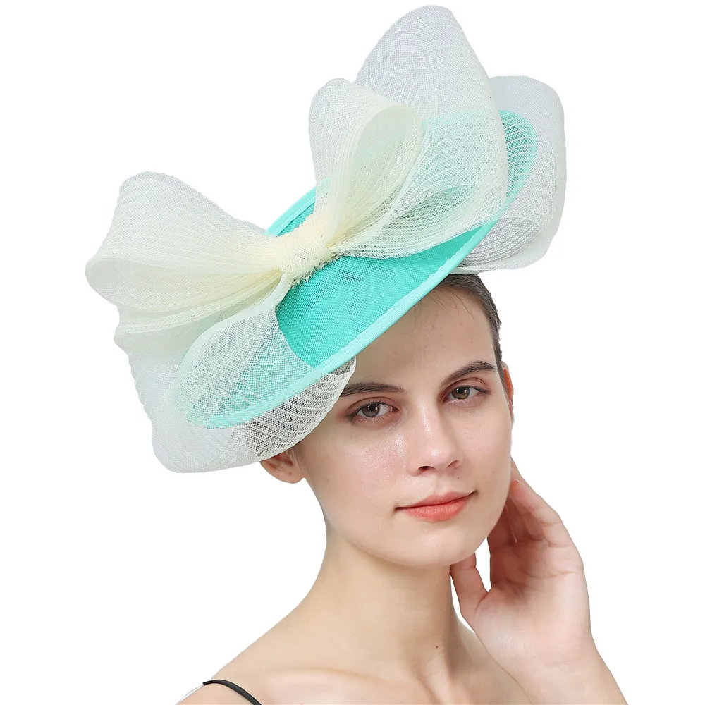 

Formal Emarald Green Cocktail Fedoras Fascinators Hat Beige Bowknot Flower Derby Accessory Headbands Chuch Headpiece Headwear