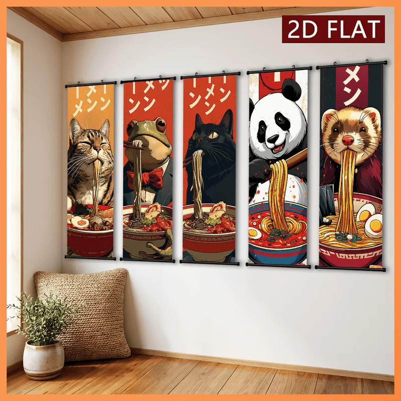 VIKAMA 5 Pcs Japanese Ramen Animals Wall Scroll Tapestry Cat Frog Panda Poster Hanger Vertical Art for Kitchen Bedroom Decor