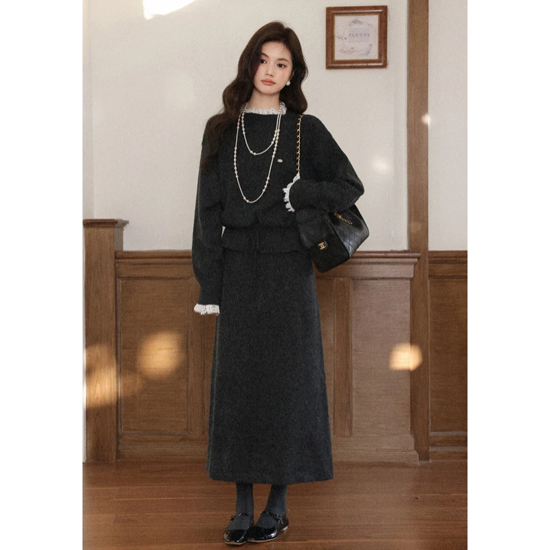 

ALXNAN Dark Gray Knitted Skirt Elegant Long A-line Women's Wool Skirts 2025 Autumn Winter Office Lady Casual Clothes L57658BSQ