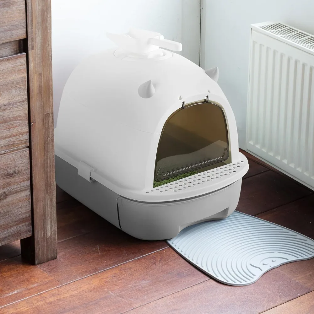 Cat Litter Box with Lid,Fully Enclosed Litter Pan,Drawer Type Cat Toilet with Scoop，Large Space for Cats (Devil Horns)