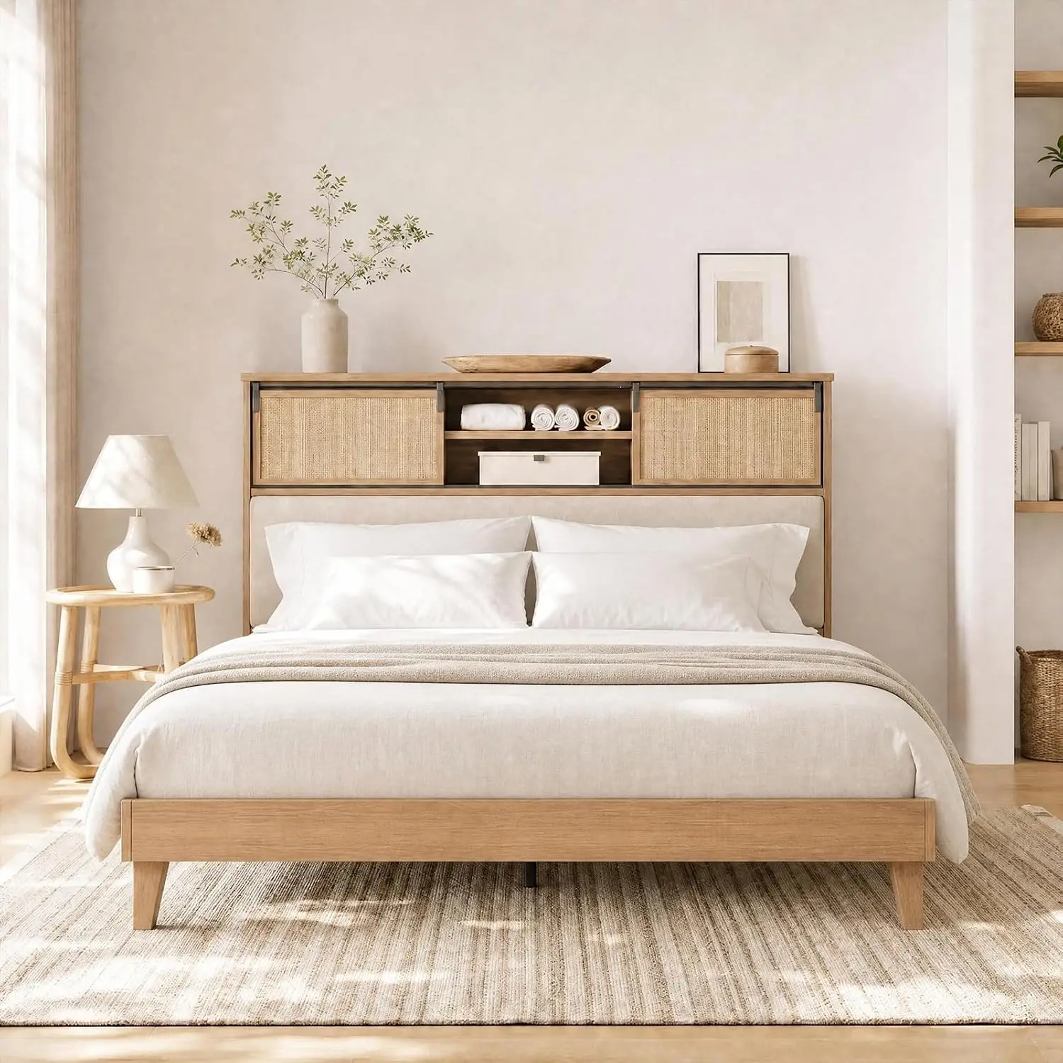 Wood Platform Bed Frame with Storage Headboard, Customized image 3