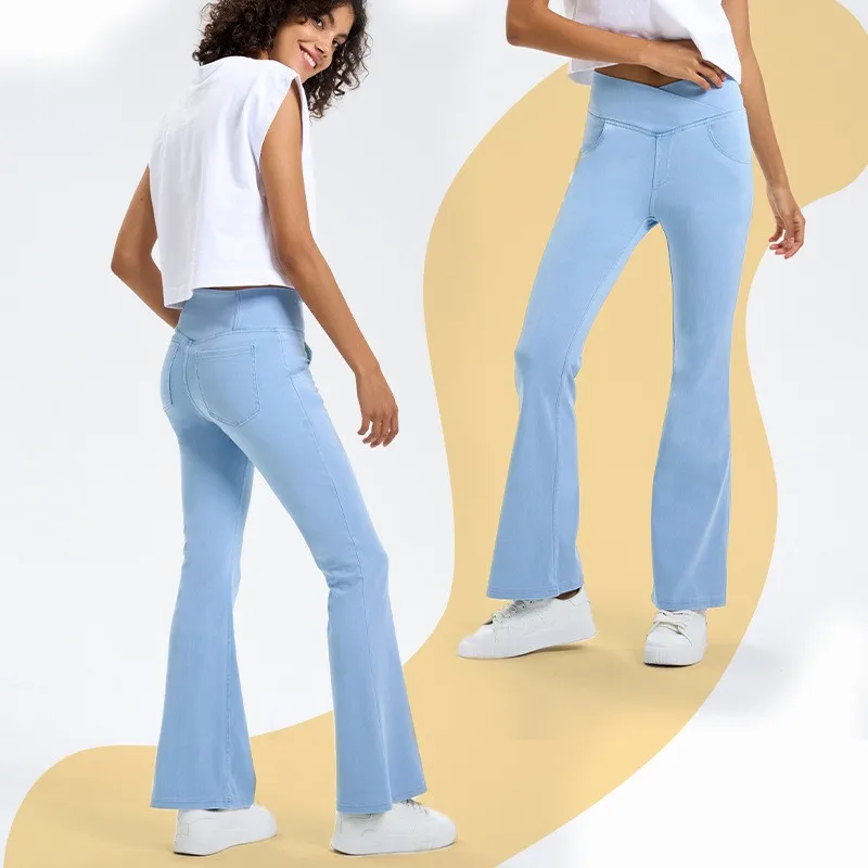 Women's Flared Jeans High Waist Slim Fit Denim Pants Blue Light Blue Stretch Denim Jeans Cross Front Five Pocket Jeans Pants