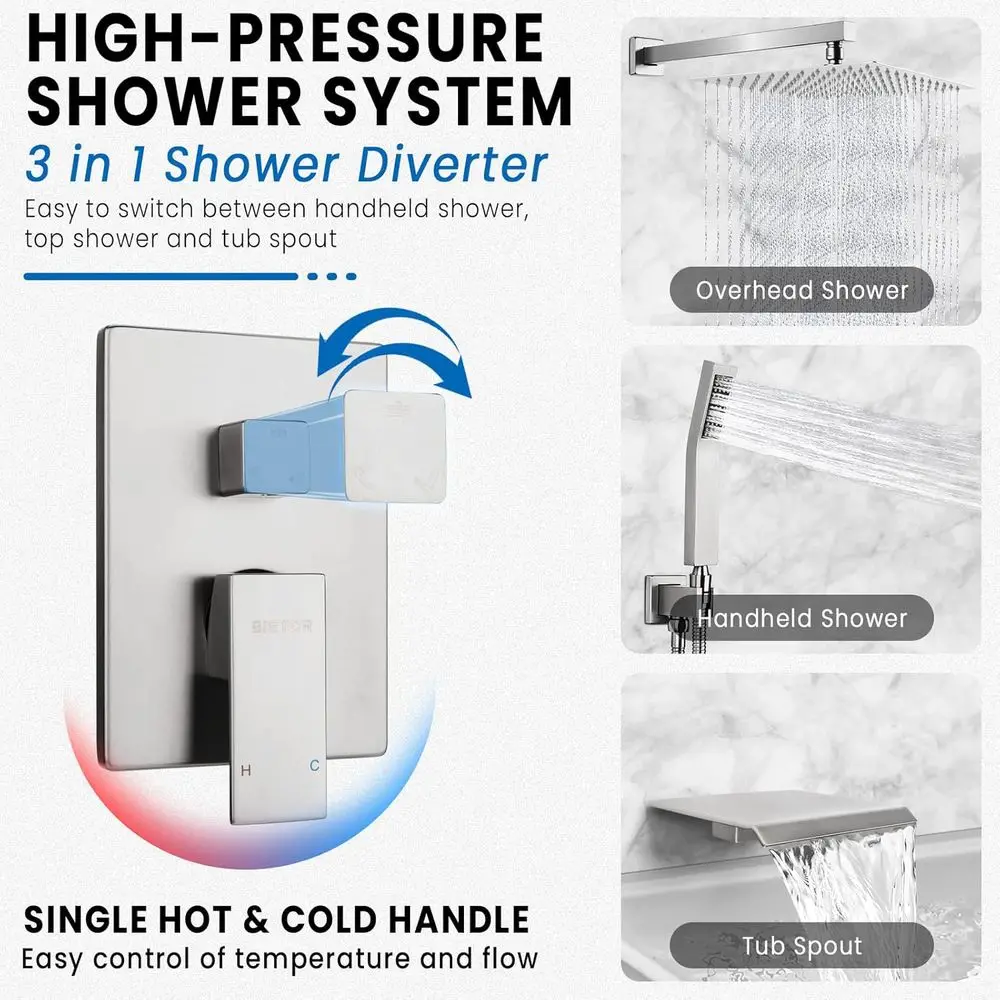 12-Regenduschsystem mit Handbrause, Wannenauslauf und gebürstetem Nickel-Finish