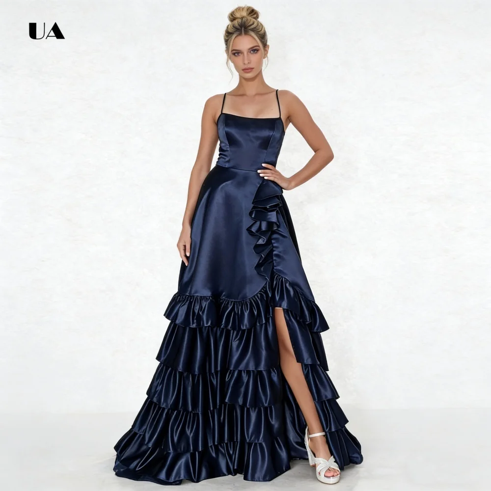 Vestido de baile de cetim com babados em camadas e alças finas, vestidos de noite com fenda sólida para mulheres, vestido de festa drapeado personalizado