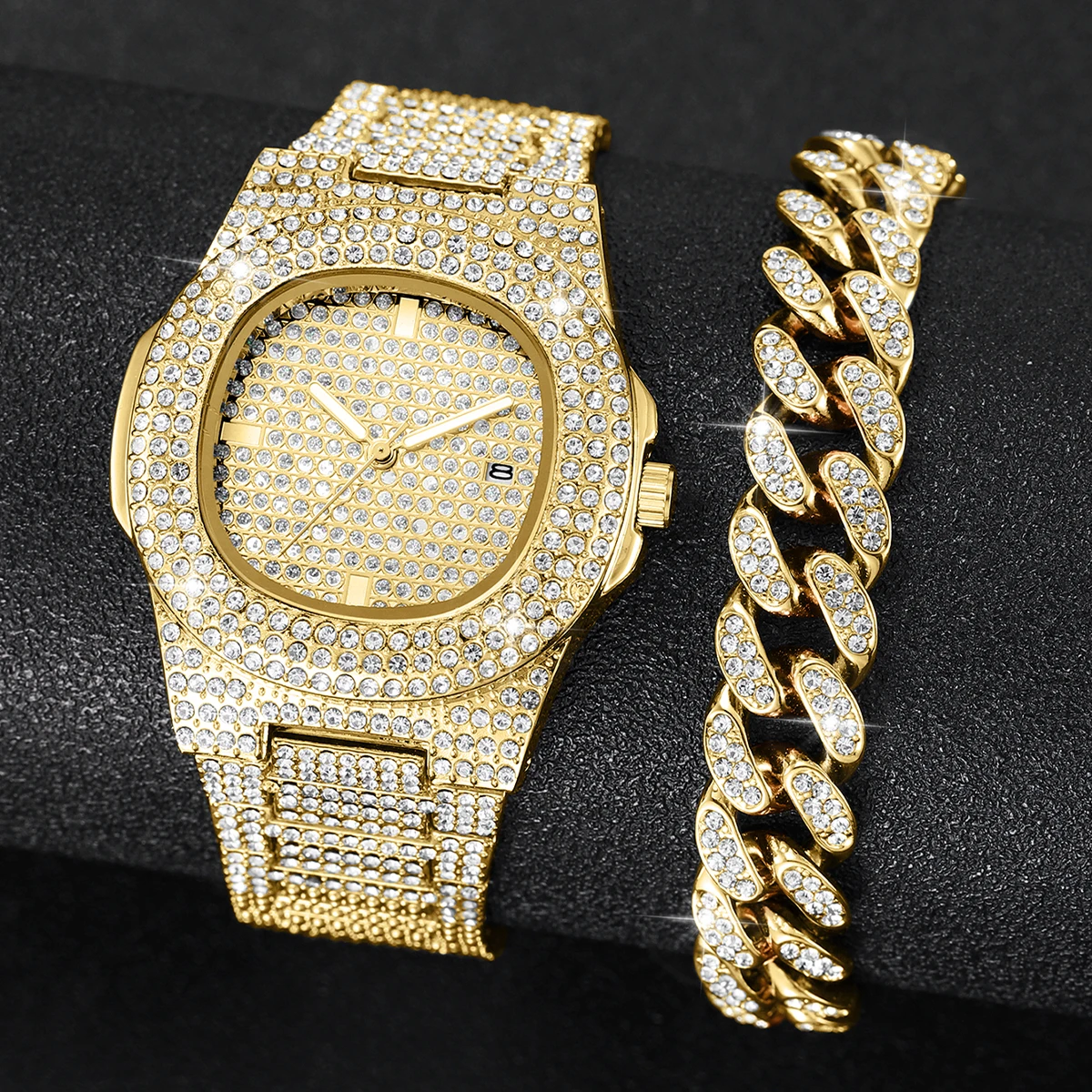 1/2/3PCS Luxury Full Diamond Men's Watches Fashion Hip Pop Quartz Wristwatch with Calendar Jewelry Set