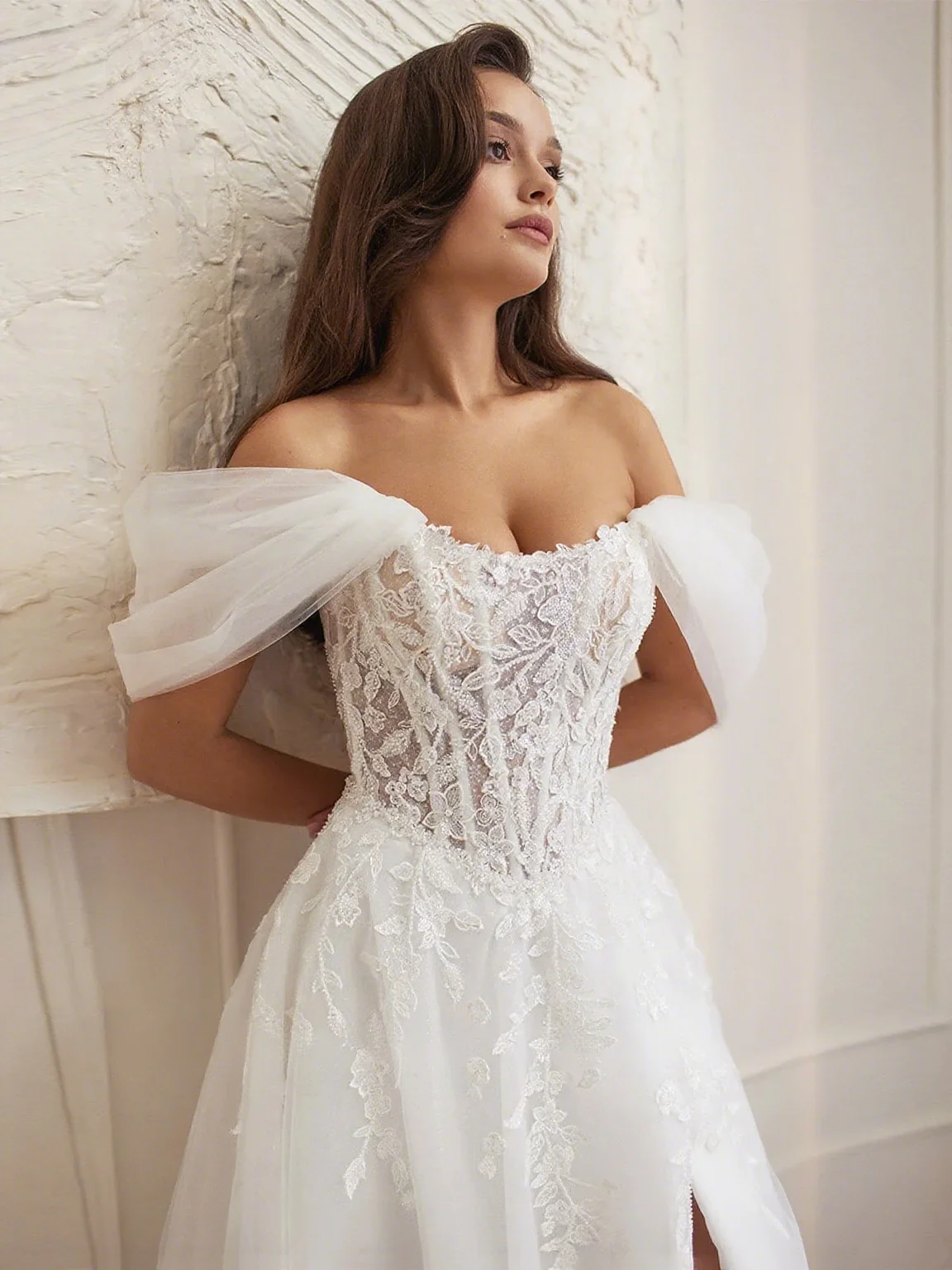 أنيقة قبالة الكتف فستان الزفاف الأبيض ألف خط الزفاف ضيق مشد فستان الزفاف مخصص الدانتيل صائق عالية سبليت فستان الزفاف رداء