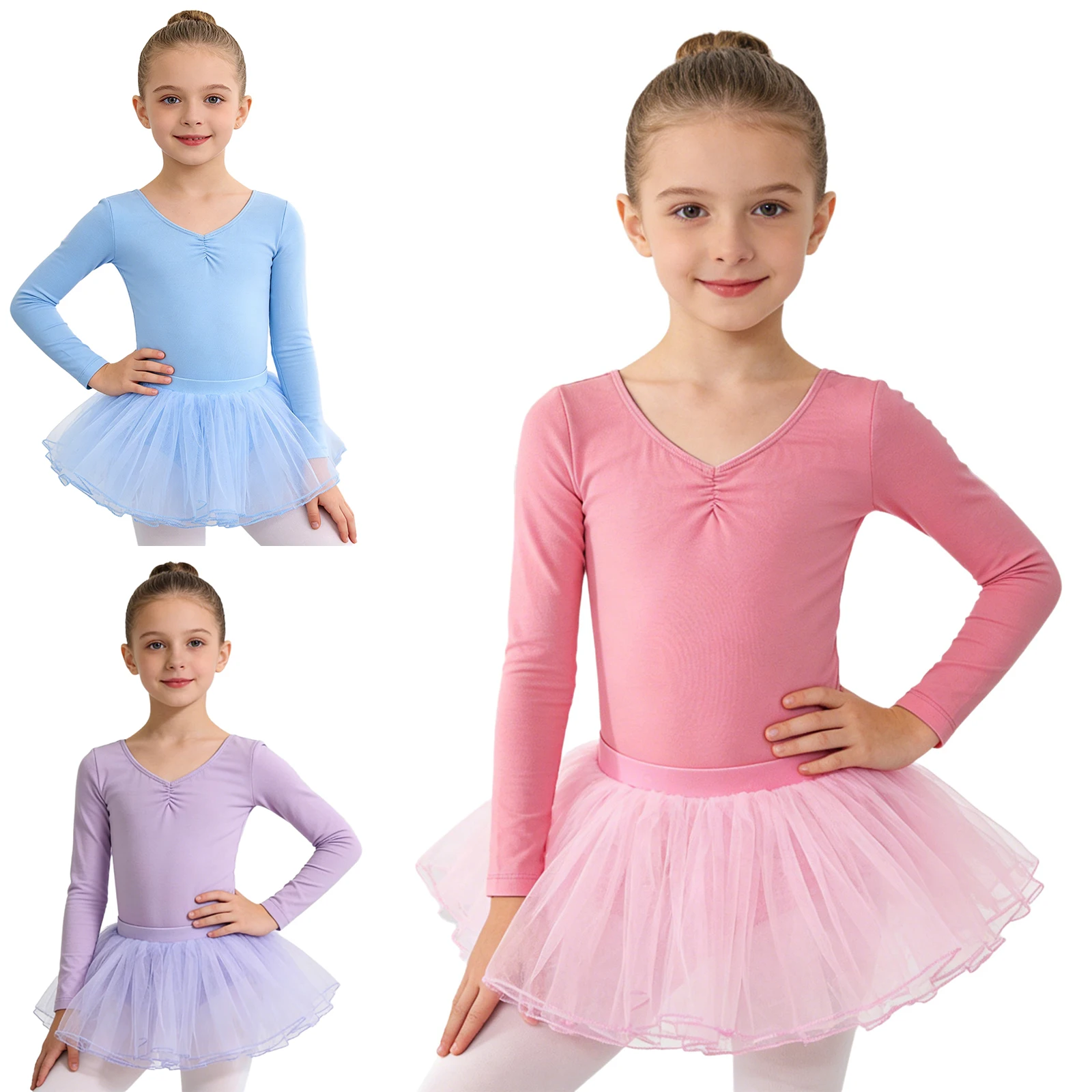 

Kids Girls Ballet Leotards V-Neck Long Sleeve Unitards with Tulle Tutu Skirt Gymnastics Skating Costume Ballerina Dance Outfit