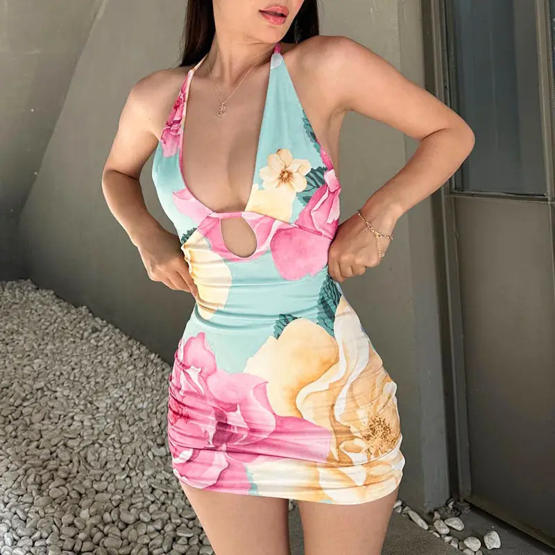 

Colorful Beach Wear Tie Dye Flower Halter Dresses Bodycon Backless Sleeveless Printing Casual Female Tank Minidress Mujer 2024