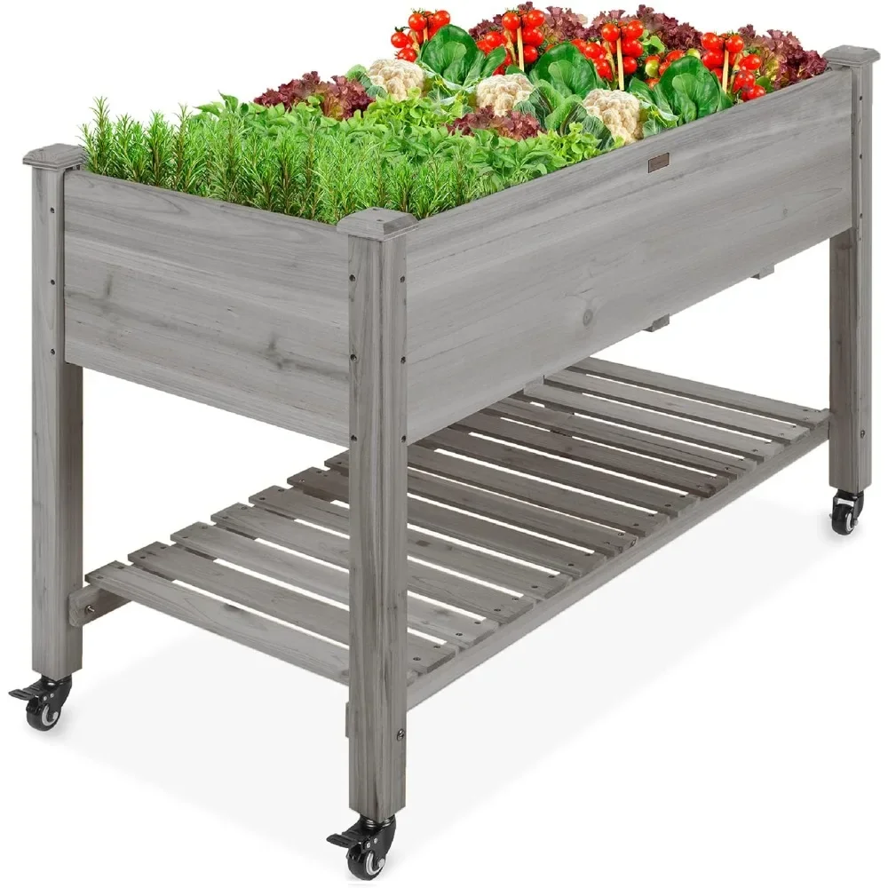 Raised Garden Bed 48x24x32-inch Mobile Elevated Wood Planter W/Lockable Wheels, Storage Shelf, Protective Liner Easy Mobility