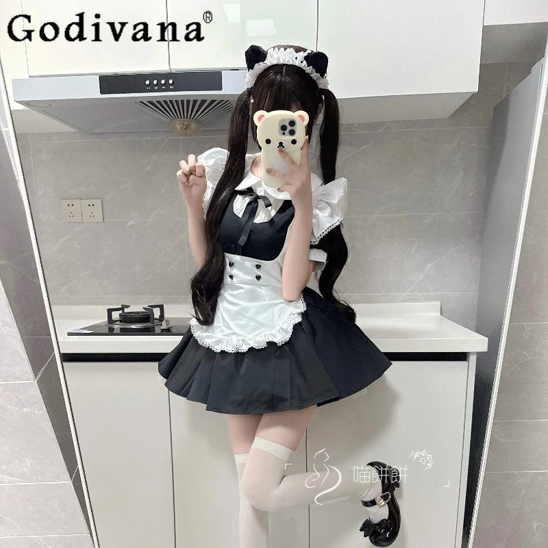 

Sweet Japanese Maid Cos Female Black White Lolita Short Sleeve Princess Dress Spring Summer Age Reduction A-line Daily Dresses