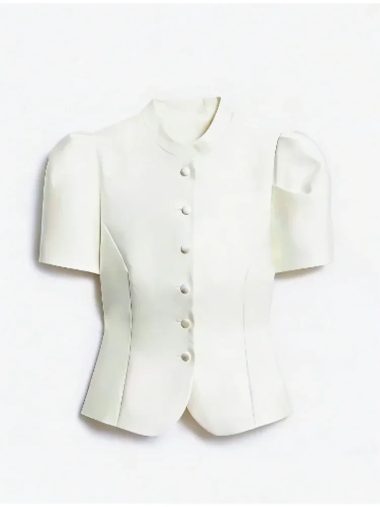 Satin Waist Cinched Bubble Sleeve Top Women Fashion Stand Up Collar Single Breasted Short Shirt Lady Commuting Daily Tops 2026