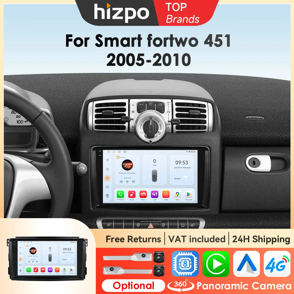 Hizpo systèmes intelligents de voiture pour Merced Benz Smart Fortwo 451 2005-2010 stéréo pour Apple CarPlay multimédia GPS RDS 4G 2din BT