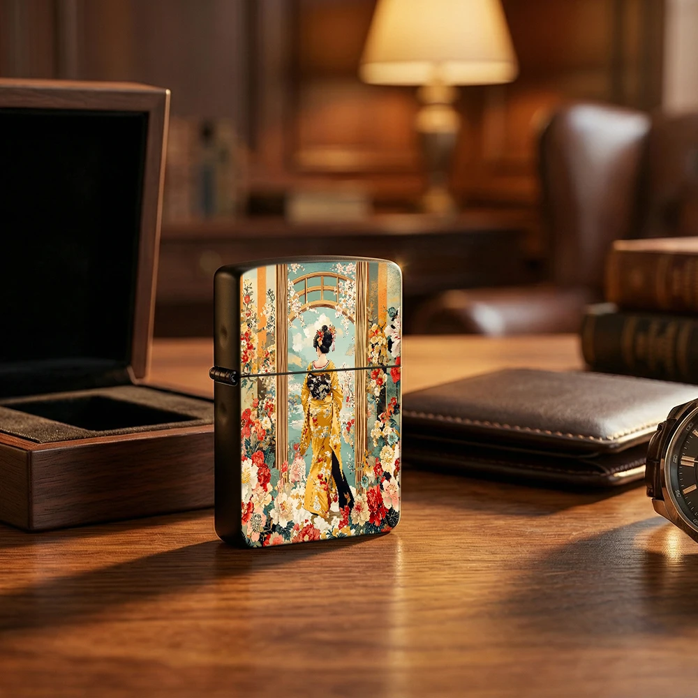 Vintage Flip Top Lighter lighters vintage Japanese Geisha Back View Colorful Blooming Flowers Garden Gate lighters for smokers