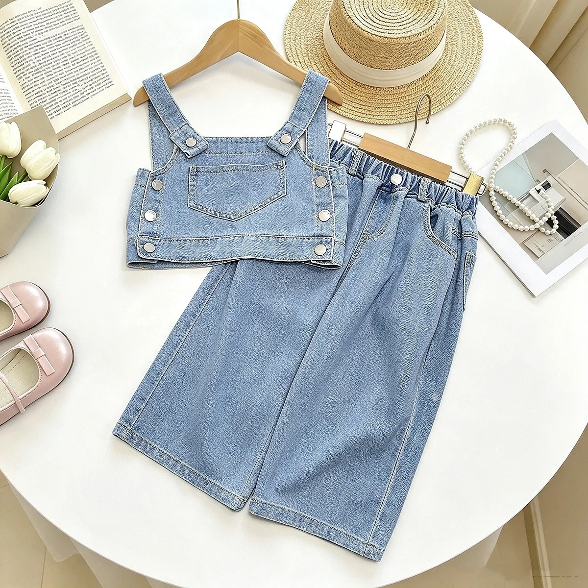 Girls Denim Clothes Sets Summer Children's Sleeveless Tops Vest Loose Pants For Baby Girl Fashion Suit Kids Jeans Costume 6 7Y