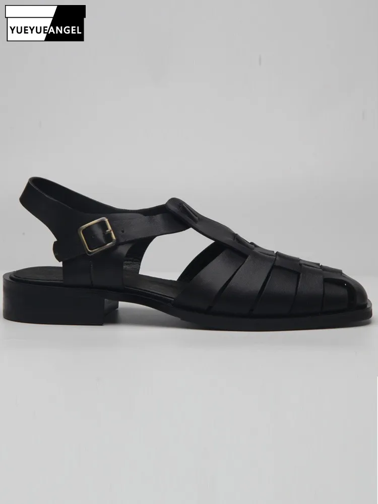 Mens Sandals Vintage Buckle Strap Cowhide Trend Design Braided Thick Fashion Shoes Solid Color Breathable Handmade High Quality