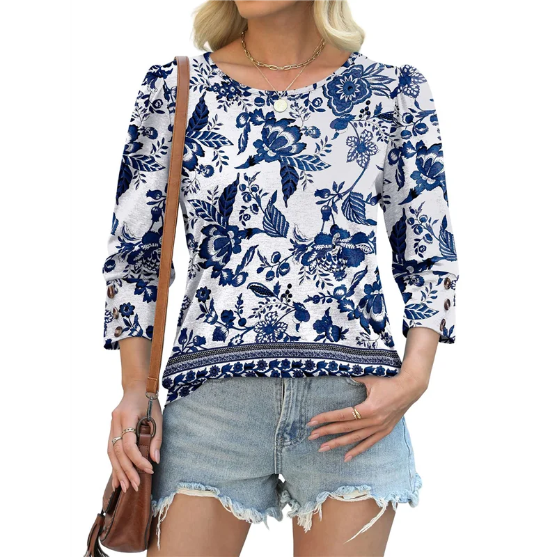 

CGS-женские топы с рукавами 3/4 и пуговицами, нарядные повседневные блузки, летние наряды для пляжного отдыха