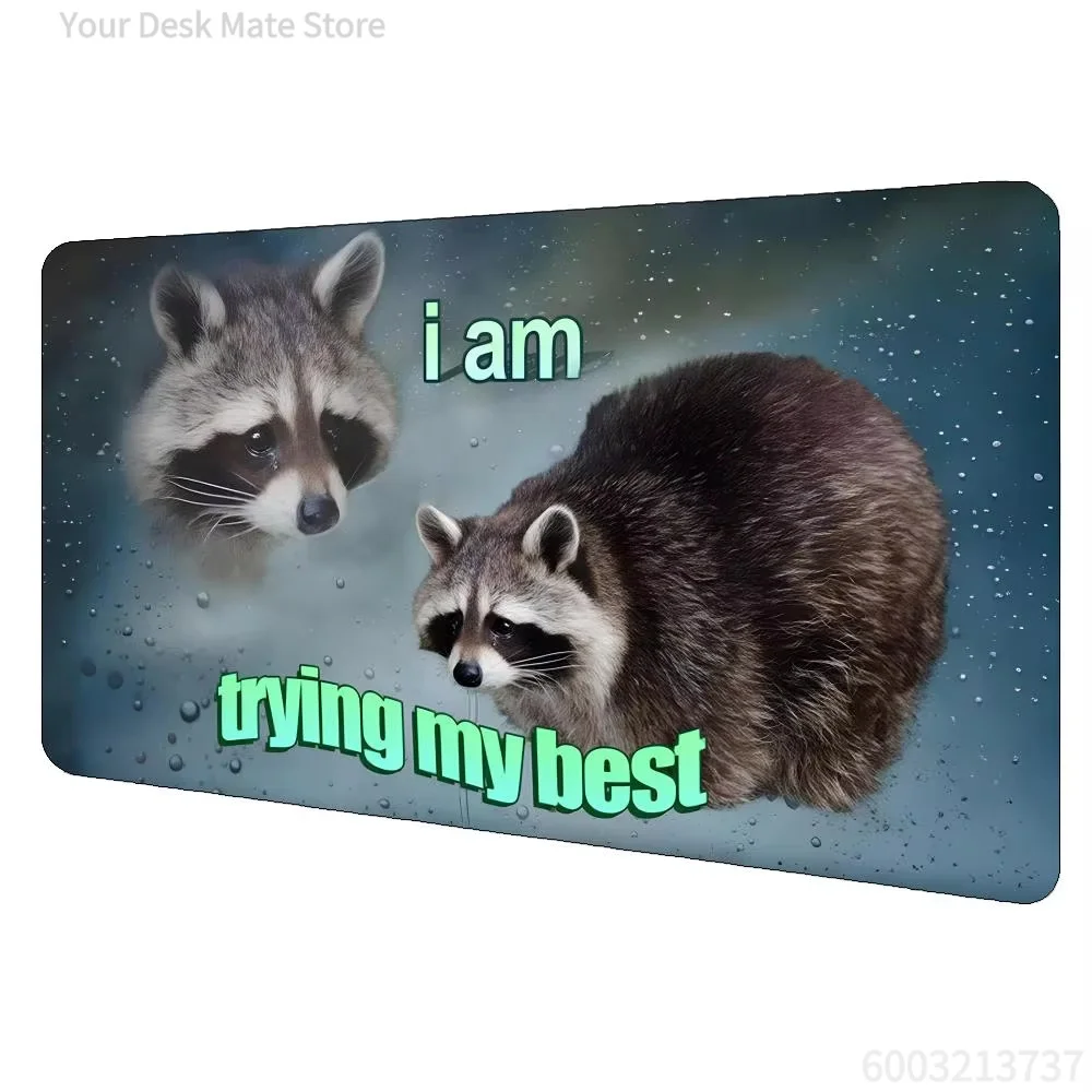 Cute Sad Raccoon Meme Extra Large Desk Mouse Pad, Humor Quote Print Anti-Fade Rubber Base Laptop Decor