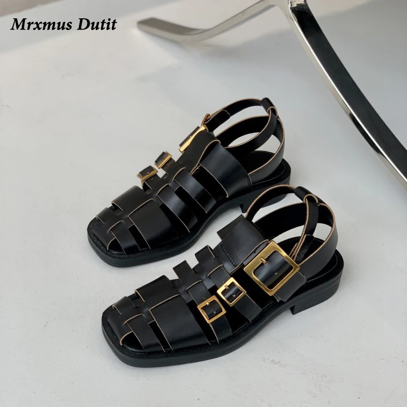 

Mrxmus Dutit 2023 New Spring Summer Women Fashion Genuine Leather Flat Sandals Shoes Simple Elegant Casual Roman Shoes Female