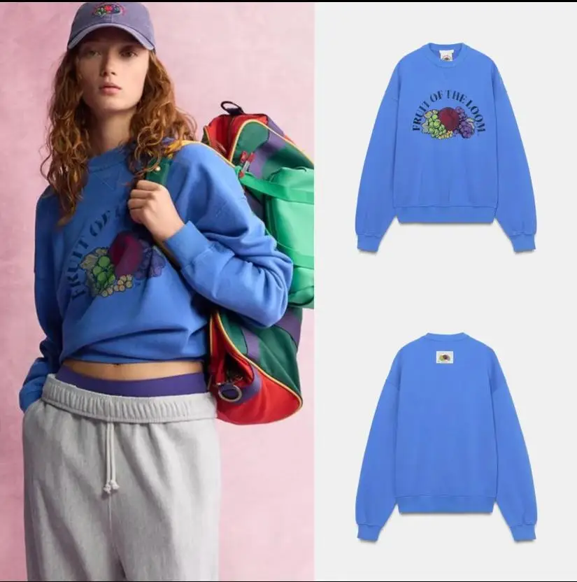 Washed round Neck Long Sleeve Sweatshirt Women's Casual Style Fruit Print American Leisure Color Block Autumn New Arrival