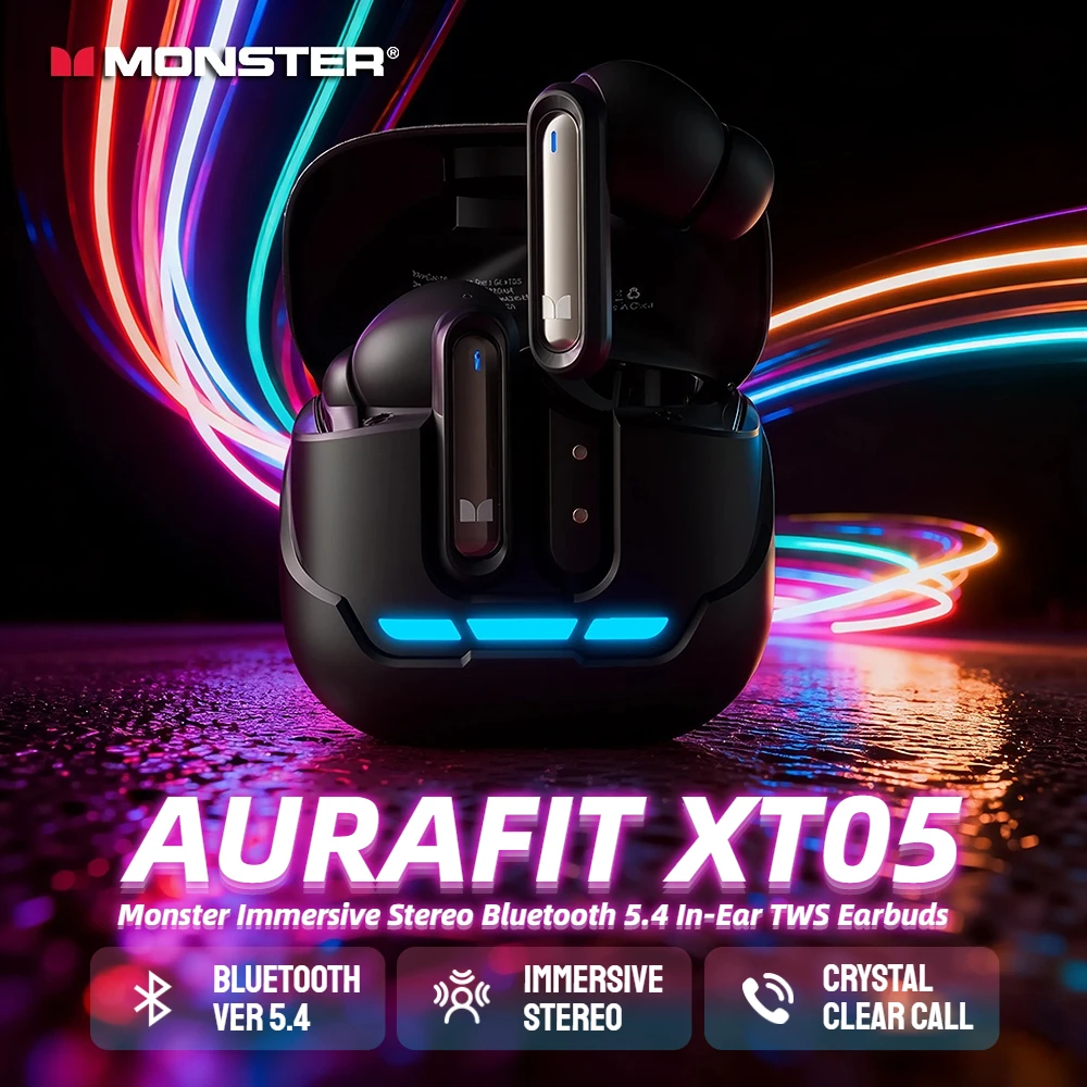 Monster X05 TWS Bezprzewodowe Słuchawki Bluetooth 5.4 Sportowe Słuchawki Douszne z Symulacją Audio Przestrzennego do iPhone Samsung Xiaomi