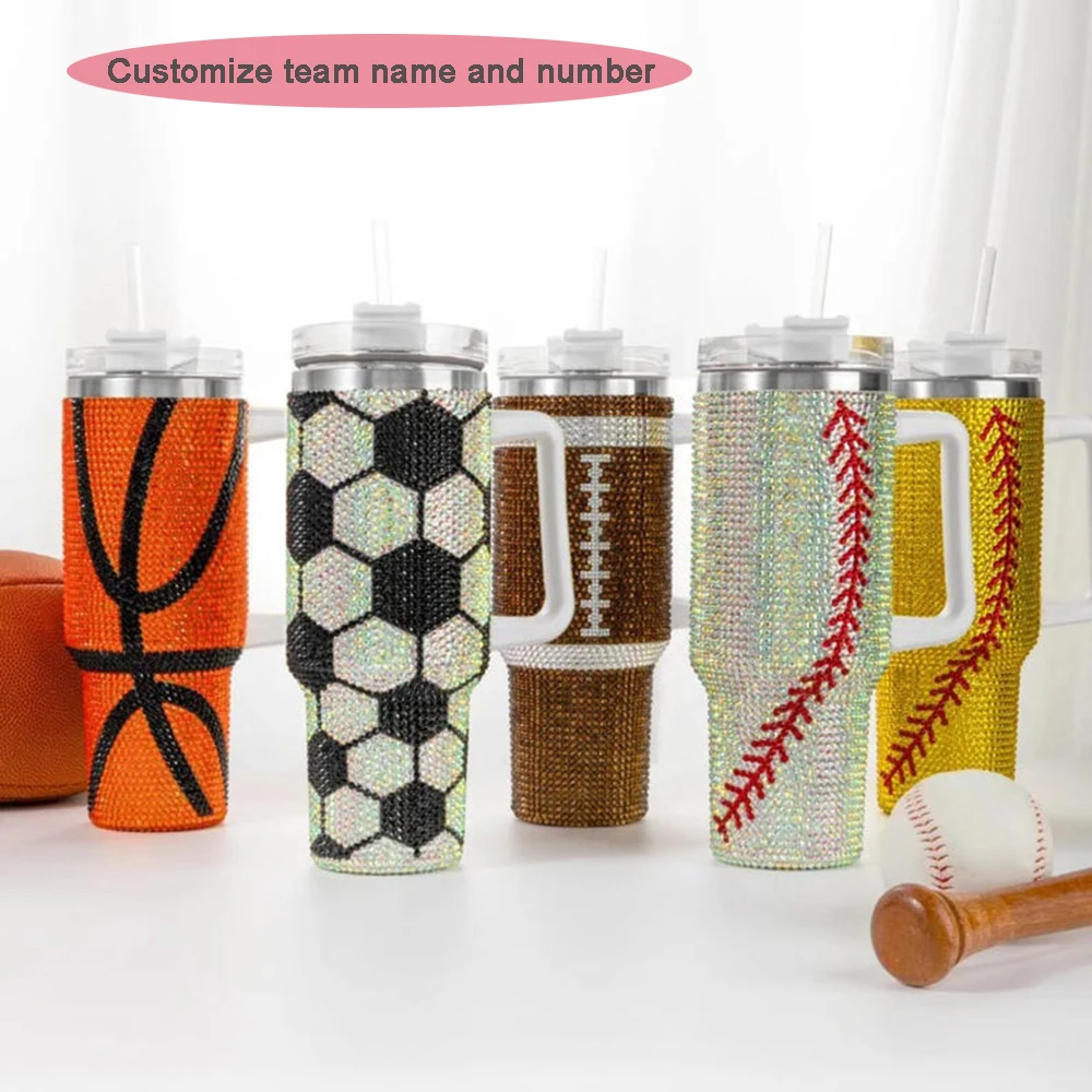 Vaso de pelota deportiva con número de nombre personalizado, taza brillante de 40oz con asa y pajita, regalo para fanáticos y jugadores de los deportes del día del juego