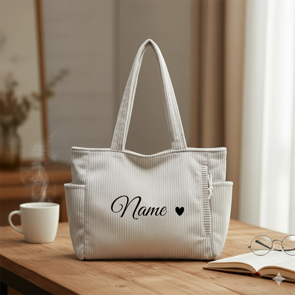 Custom Name Casual Corduroy Handbag with Zipper Closure, Large Capacity Daily Commuter Handbag, Shopping Bag, tote bag view 5