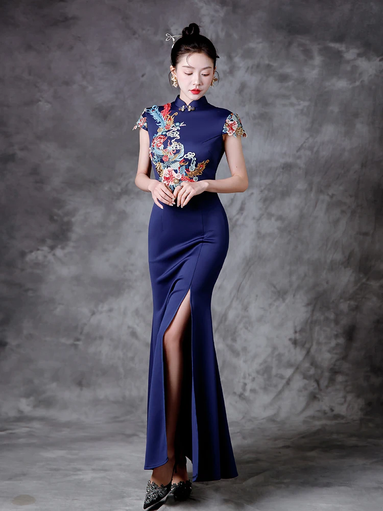 

Ele Long Tail Fi Tailed Split Dr Chinese Sle Qipao for Stage Performance Faion ow Slimming Skirt Polyester Fiber