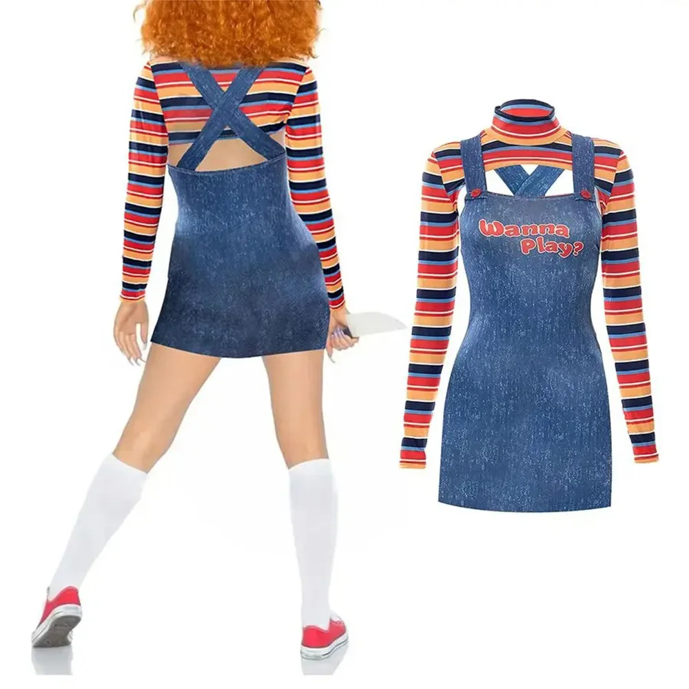 Horror Cosplay Kostuums voor Vrouwen Scary Nightmare Killer Doll Wanna Play Movie Character Bodysuit Chucky Doll Jumpsuit 2PC Set