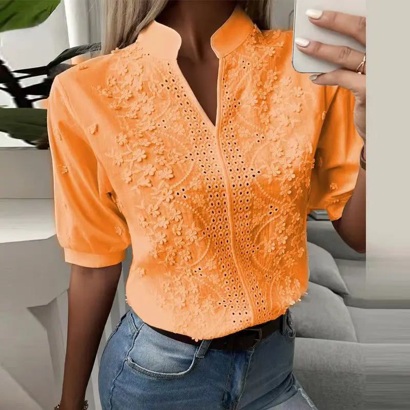 Summer Lace Hollow-out Chic Short Sleeve Blouse Hook Flower Embroidery Casual Solid Cotton Shirt Green White Top Women Clothing