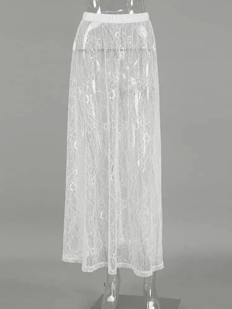 Sexy Perspective Lace Skirts Mid Length Fashion 2025 Autumn Hollow Out Bottom A-Line Skirt Temperament Women Clothing Mesh 0LB8