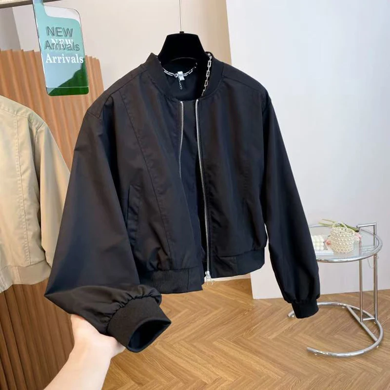 Spring Stand Collar Baseball Jacket Women Y2K Korean Loose Solid Crop Coats Fashion Streetwear All Match Solid Cargo Outerwear