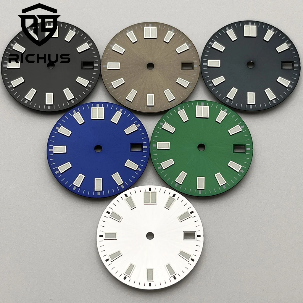 RICHUS 28.5mm black blue green silver gray sterile watch dial luminous fit NH34 NH35 movement fit 3/3.8/4.2 o'clock crown