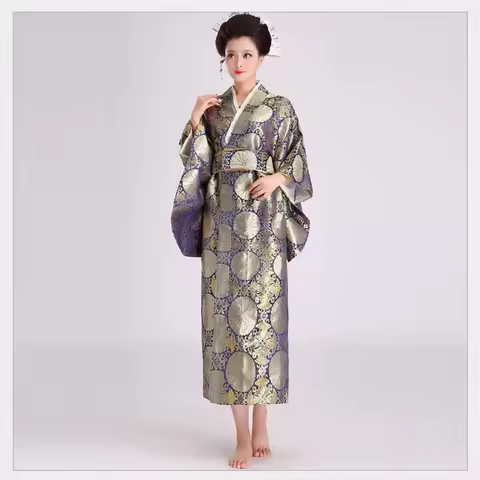 Japanese Style Female Traditional Satin Kimono Yukata With Obi Classic Evening Dress Halloween Costume Cosplay Kimono
