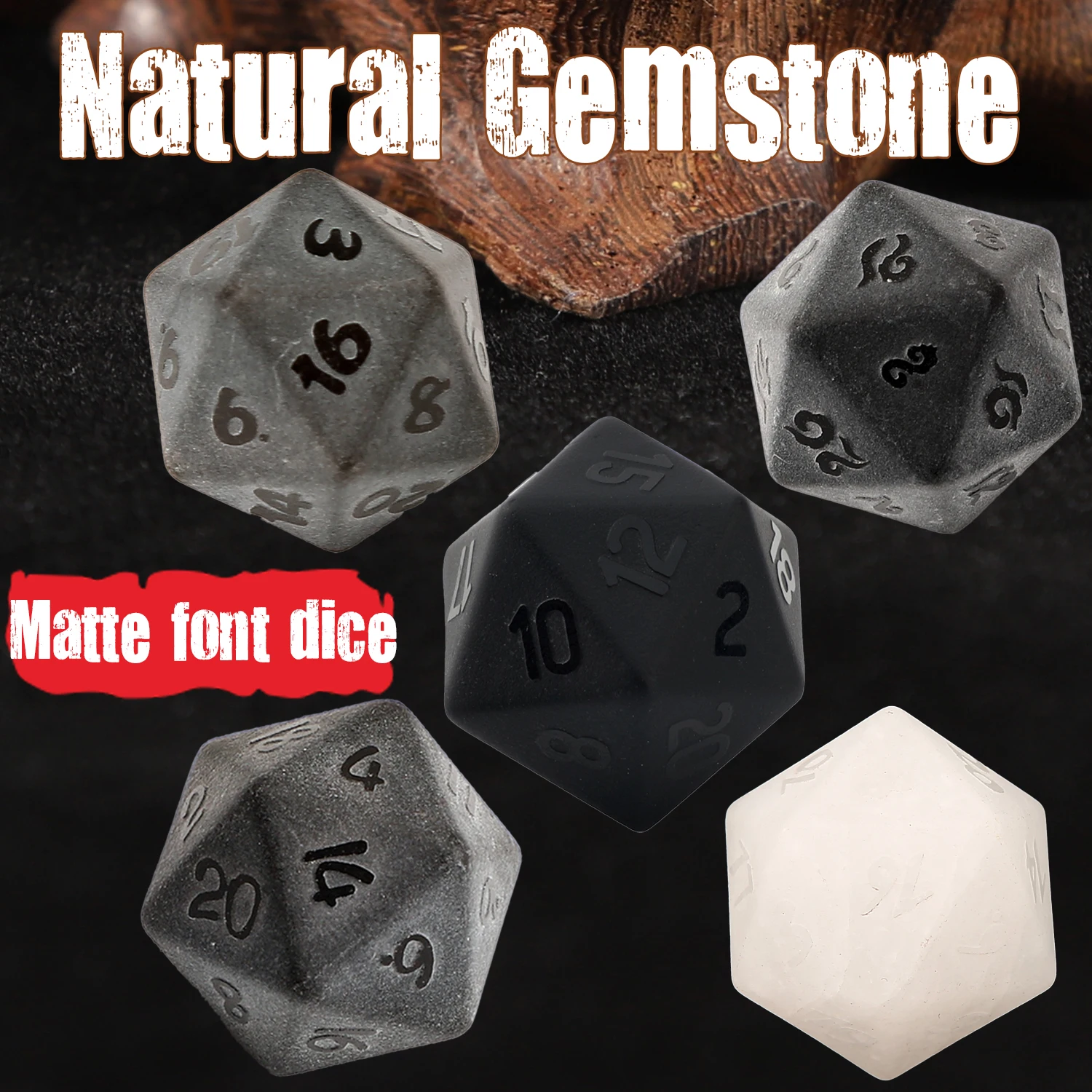 

D20 Polyhedral Dice Natural Crystal Quartz Obsidian Gemstone Matte Frosted Raised Number Dice DND RPG Dungeons and Dragons Game