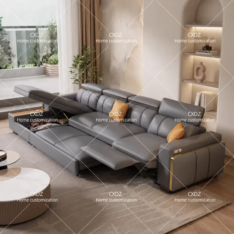 First class leather functional electric sofa first layer cowhide living room storage retractable sofa bed dual-purpose