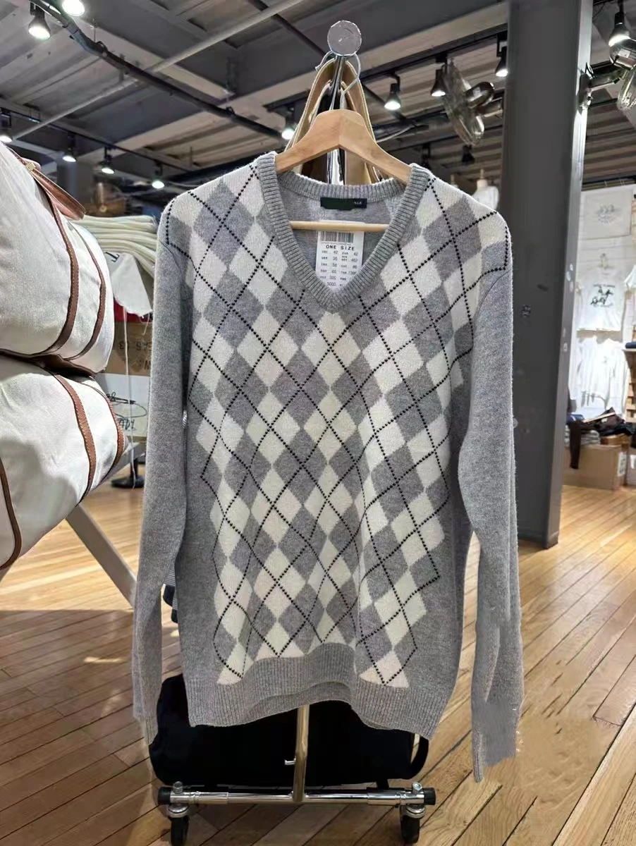 

Brandy BM American Plaid V-ne Knitwear Long Sve Autumn Winter College Sle Casual Loose Fit Warm Cotton Sweater