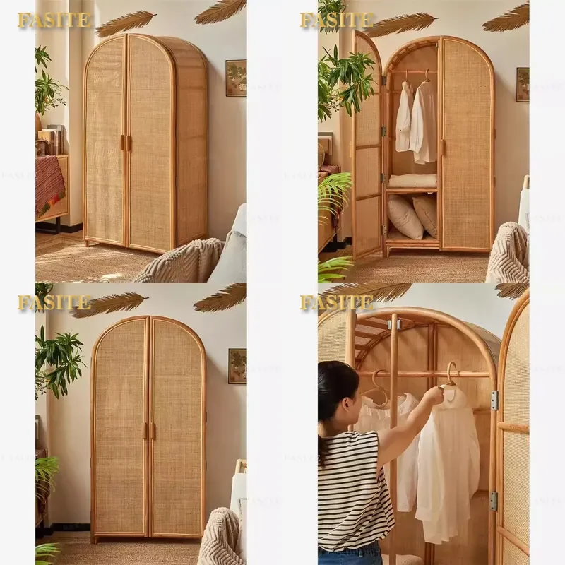 For Indonesian Rattan Art Double Door Full Rattan Wardrobe New Chinese Style Home Bedroom Large Capacity Storage Cabinet
